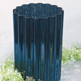 9inch Navy Blue Mercury Glass Hurricane Candle Holder, Cylinder Pillar Vase - Wavy Column Design