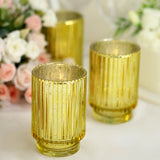 3 Pack | 5inch Gold Mercury Glass Votive Hurricane Candle Holder, Pillar Vase - Wavy Column Design