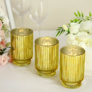 Add Elegance to Your Space with the 3 Pack of Gold Mercury Glass Votive Hurricane Candle Holders