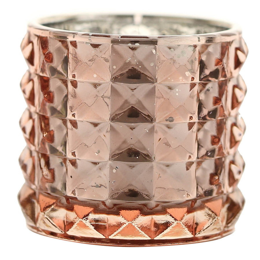 6 Pack | 3" Studded Blush/Rose Gold Mercury Glass Votive Holders, Faceted Tealight Candle Holders#whtbkgd