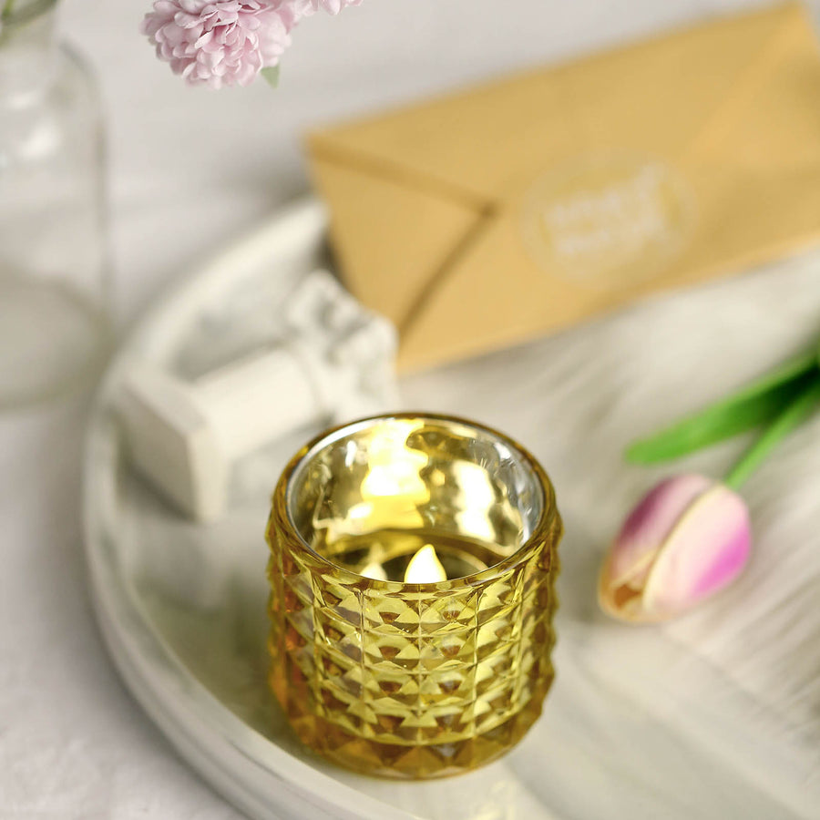 6 Pack | 3" Studded Gold Mercury Glass Votive Holders, Faceted Tealight Candle Holders