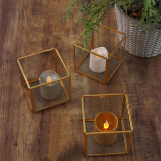 The Perfect Gift: 3 Pack of Clear Glass Square Tealight Votive Candle Holder Cubes with Gold Metal Frame