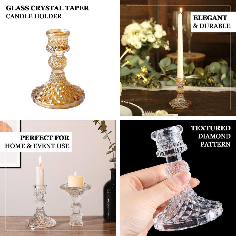 6 Pack | 4inch Clear Glass Diamond Pattern Pillar Votive Candle Stands