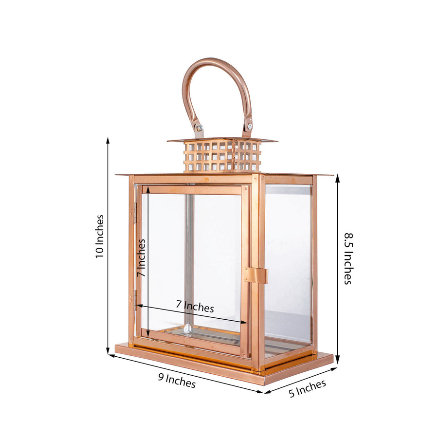 Blush/Rose Gold Cage Top Stainless Steel Candle Lantern Centerpiece Outdoor Metal Patio Lantern
