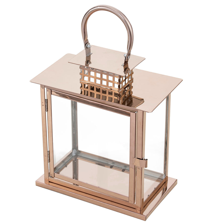 Blush/Rose Gold Cage Top Stainless Steel Candle Lantern Centerpiece Outdoor Metal Lantern#whtbkgd