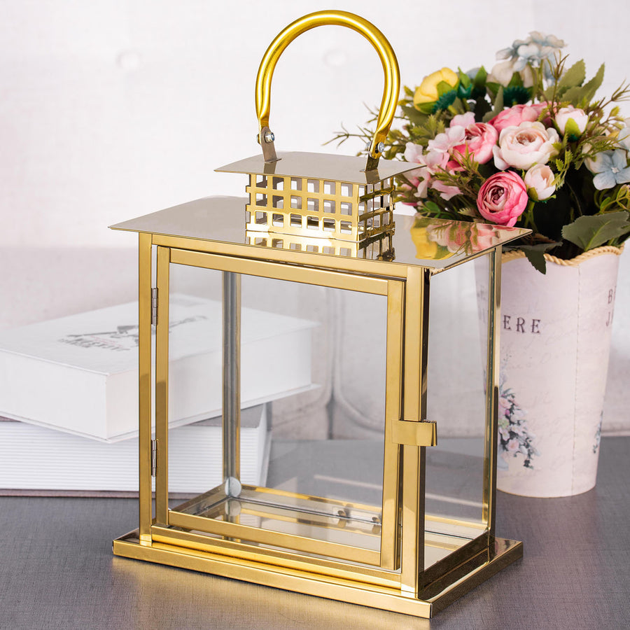 10inch Gold Cage Top Stainless Steel Candle Lantern Centerpiece Outdoor Metal Patio Lantern