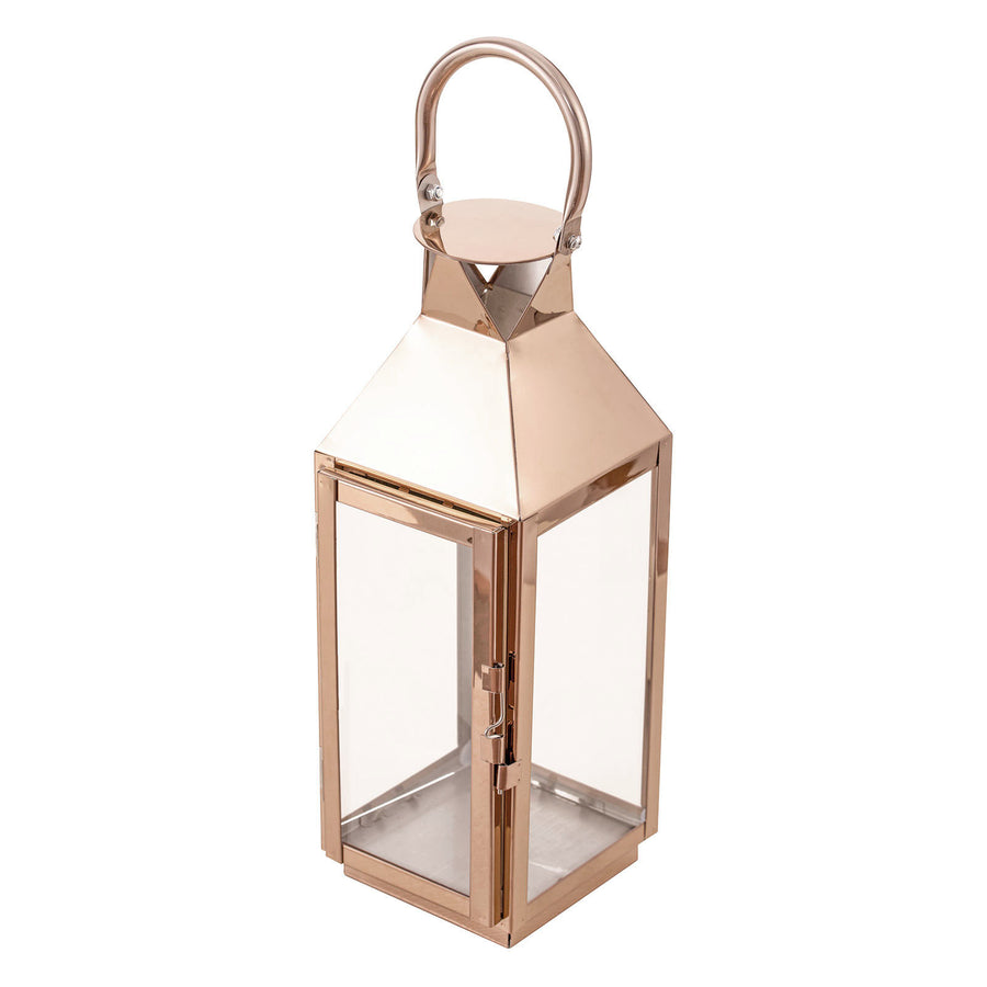Blush/Rose Gold Crown Top Stainless Steel Candle Lantern Centerpiece Outdoor Metal Lantern#whtbkgd