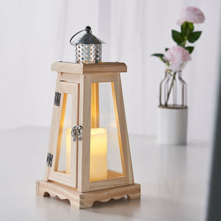 14" Rustic Wood and Glass Patio Candle Lantern Centerpiece - Natural Wood