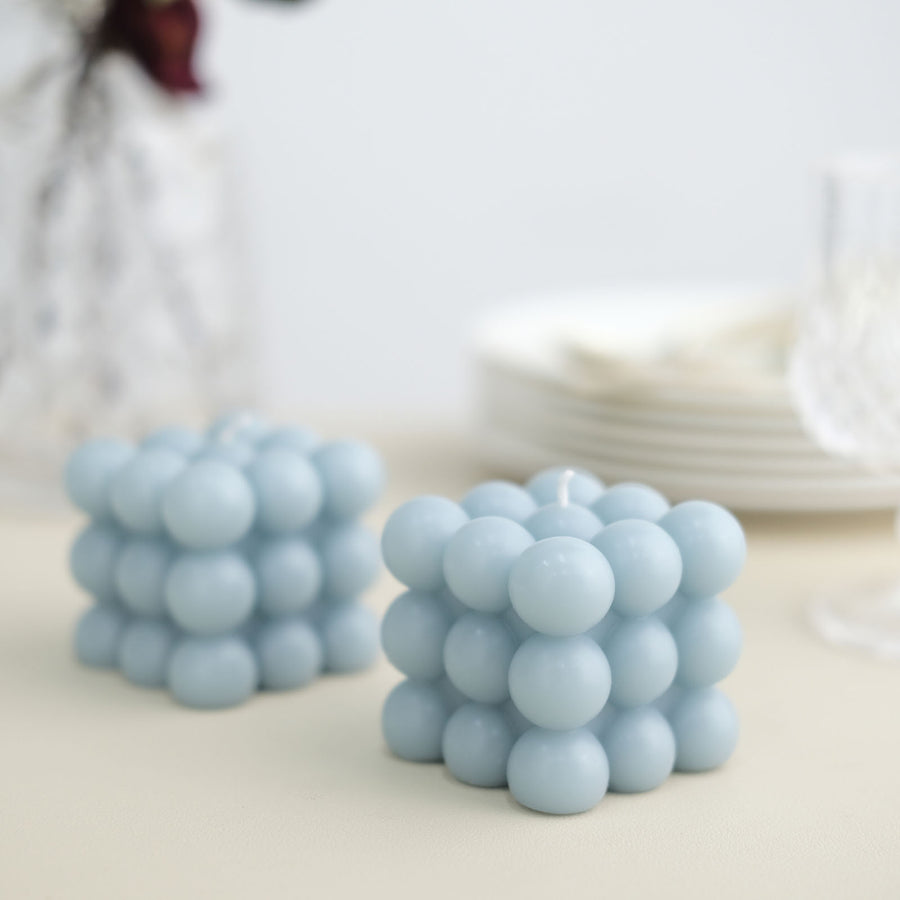 Dusty Blue Bubble Cube Long Burning Paraffin Wax Candle Set, Unscented Decorative Pillar Candle Gift