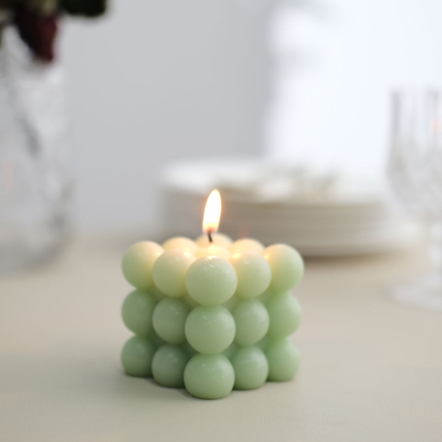 Sage Green Bubble Cube Long Burning Paraffin Wax Candle Set, Unscented Decorative Pillar Candle Gift