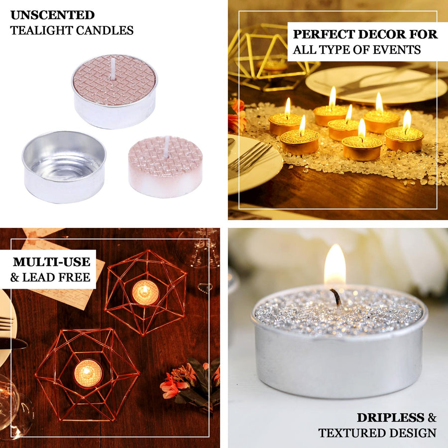 9 Pack | Metallic Blush/Rose Gold Tealight Candles, Unscented Dripless Wax - Textured Design