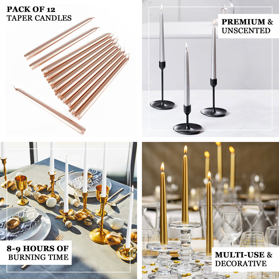 12 Pack | Metallic Gold 10inches Premium Wax Taper Candles, Unscented Candles