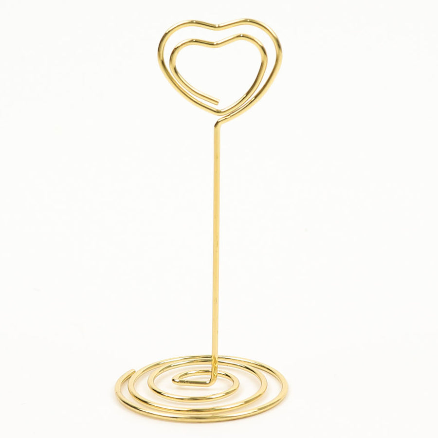 10 Pack | Gold Metal 3.5" Heart Card Holder Stands, Table Number Stands, Wedding Table Place Card Menu Clips#whtbkgd
