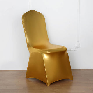 Add Elegance to Your Event with our Shiny Metallic Gold Spandex Banquet Chair Cover