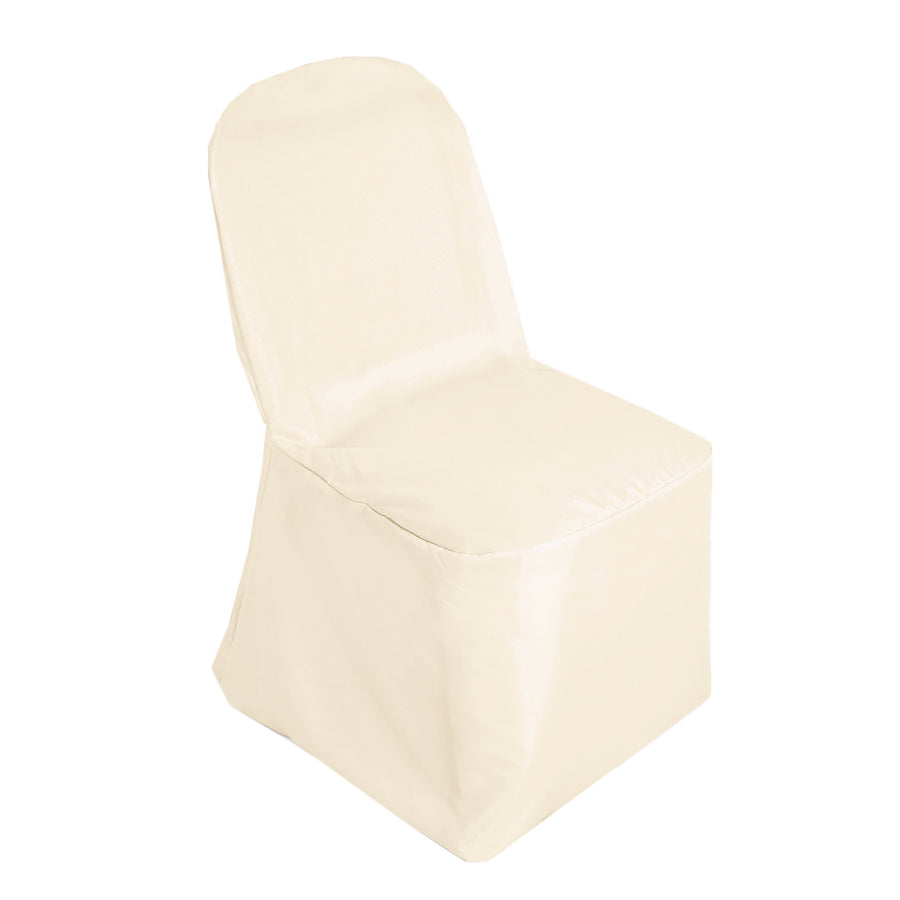Beige Polyester Banquet Chair Cover, Reusable Stain Resistant Slip On Chair Cover#whtbkgd