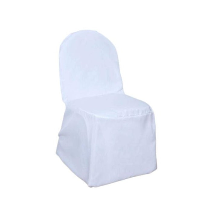White Polyester Banquet Chair Cover, Reusable Stain Resistant Chair Cover#whtbkgd