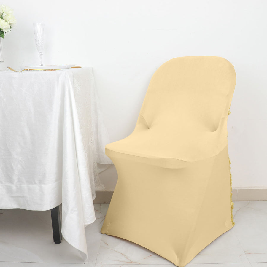 Champagne Satin Rosette Spandex Stretch Fitted Folding Chair Cover