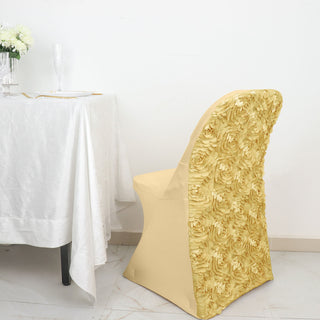 Elevate Your Event Decor with Champagne Satin Rosette Chair Covers