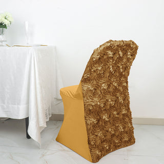 Add a Touch of Luxury and Romance with Gold Satin Rosette Spandex Stretch Fitted Folding Chair Cover