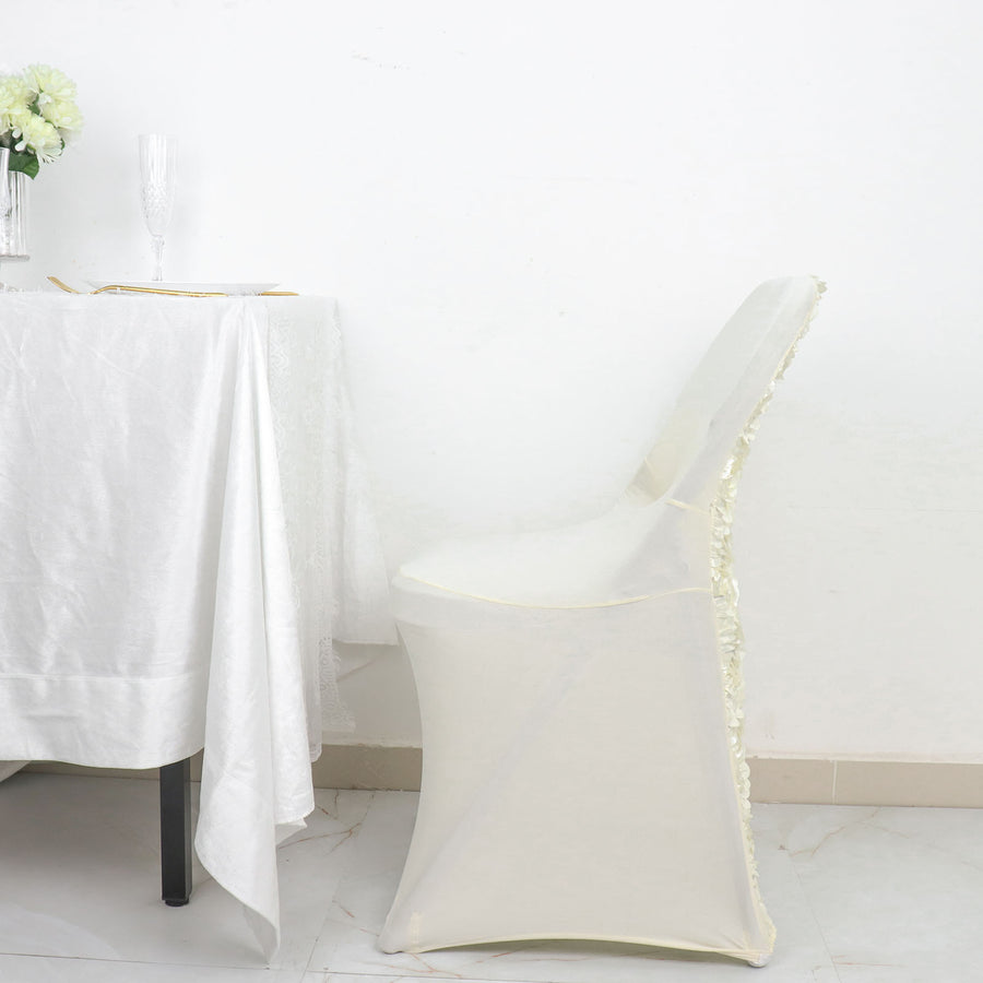 Ivory Satin Rosette Spandex Stretch Fitted Folding Chair Cover