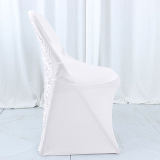 Stunning White Satin Rosette Spandex Stretch Fitted Folding Chair Cover