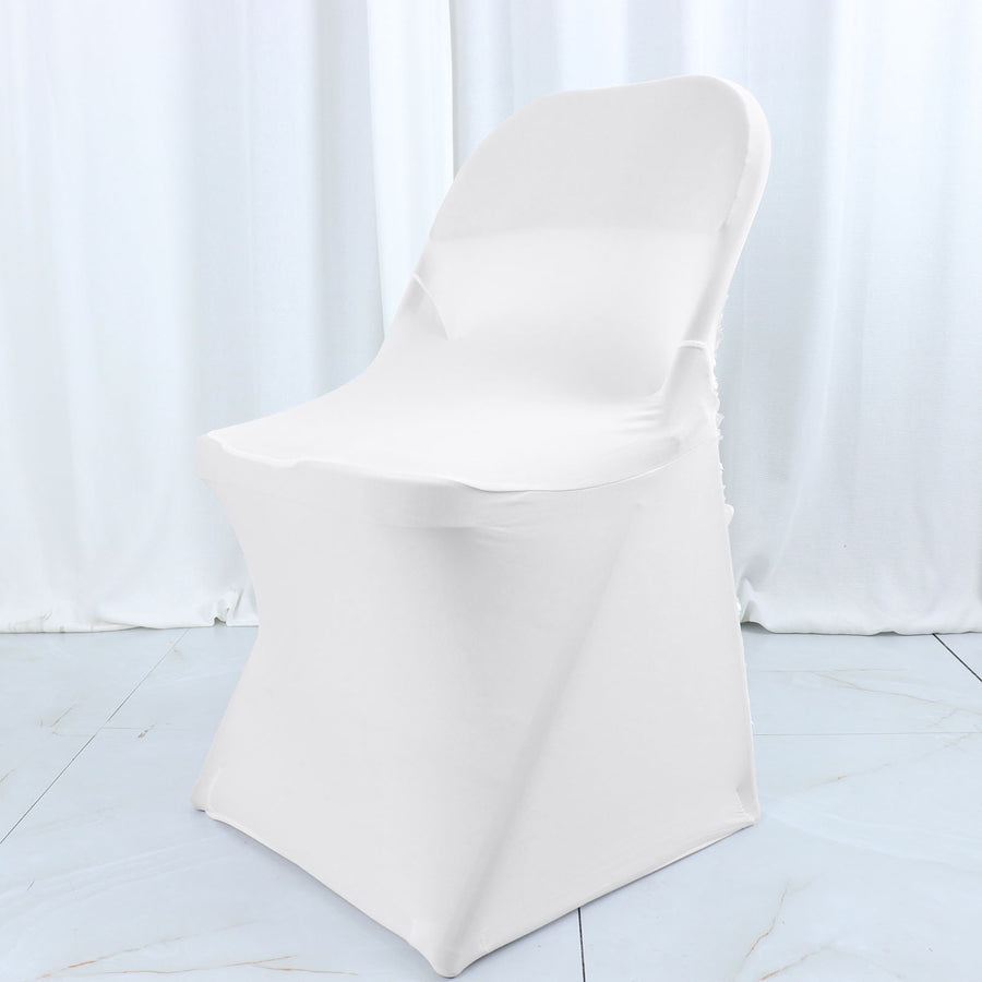 White Satin Rosette Spandex Stretch Fitted Folding Chair Cover