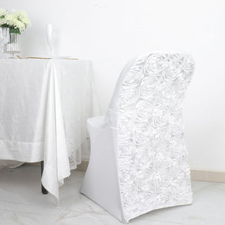 Elegant White Satin Rosette Spandex Stretch Fitted Folding Chair Cover