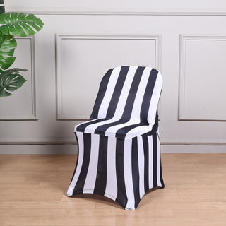 Black and White 2" Striped Spandex Stretch Fitted Folding Chair Cover With Foot Pockets - 160 GSM