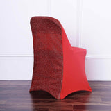 Red Spandex Stretch Folding Chair Cover, Fitted Chair Cover with Metallic Shimmer Tinsel Back