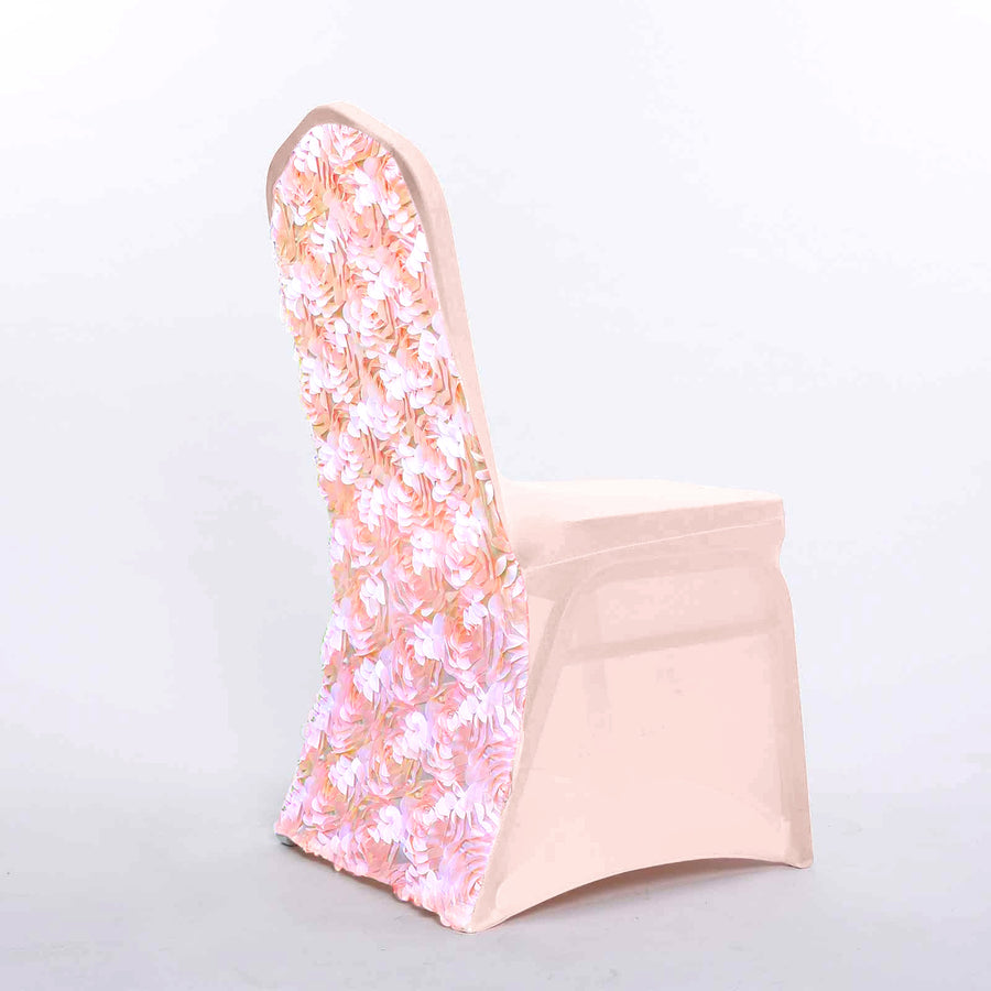 Blush/Rose Gold Satin Rosette Spandex Stretch Banquet Chair Cover, Fitted Chair Cover