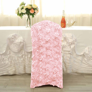 Add Glamour and Elegance with Blush Satin Rosette Spandex Stretch Banquet Chair Cover