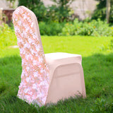 Blush Satin Rosette Spandex Stretch Banquet Chair Cover, Fitted Slip On Chair Cover