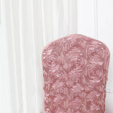 Dusty Rose Satin Rosette Spandex Stretch Banquet Chair Cover, Fitted Chair Cover