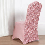 Dusty Rose Satin Rosette Spandex Stretch Banquet Chair Cover, Fitted Slip On Chair Cover