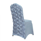 Dusty Blue Satin Rosette Spandex Stretch Banquet Chair Cover, Fitted Slip On Chair Cover