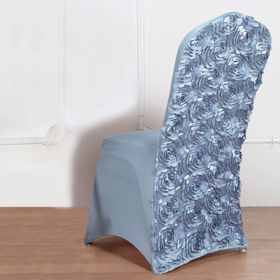 Dusty Blue Satin Rosette Spandex Stretch Banquet Chair Cover, Fitted Chair Cover#whtbkgd