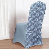 Dusty Blue Satin Rosette Spandex Stretch Banquet Chair Cover, Fitted Slip On Chair Cover