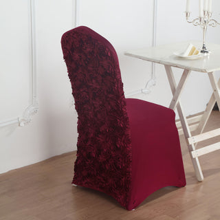 Add Elegance to Your Event with Burgundy Satin Rosette Spandex Stretch Banquet Chair Cover