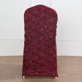 Burgundy Satin Rosette Spandex Stretch Banquet Chair Cover, Fitted Slip On Chair Cover