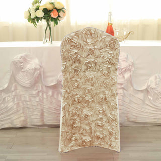 Versatile and Reusable Champagne Satin Rosette Spandex Stretch Banquet Chair Covers