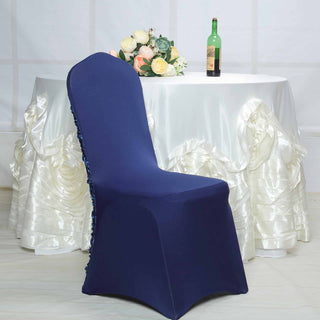 Durable and Reusable Navy Blue Satin Rosette Spandex Stretch Banquet Chair Covers
