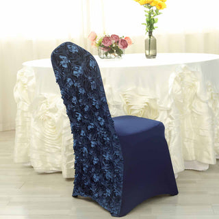 Add Glamour and Elegance to Your Event with Navy Blue Satin Rosette Spandex Stretch Banquet Chair Covers