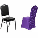 Purple Satin Rosette Spandex Stretch Banquet Chair Cover, Fitted Slip On Chair Cover
