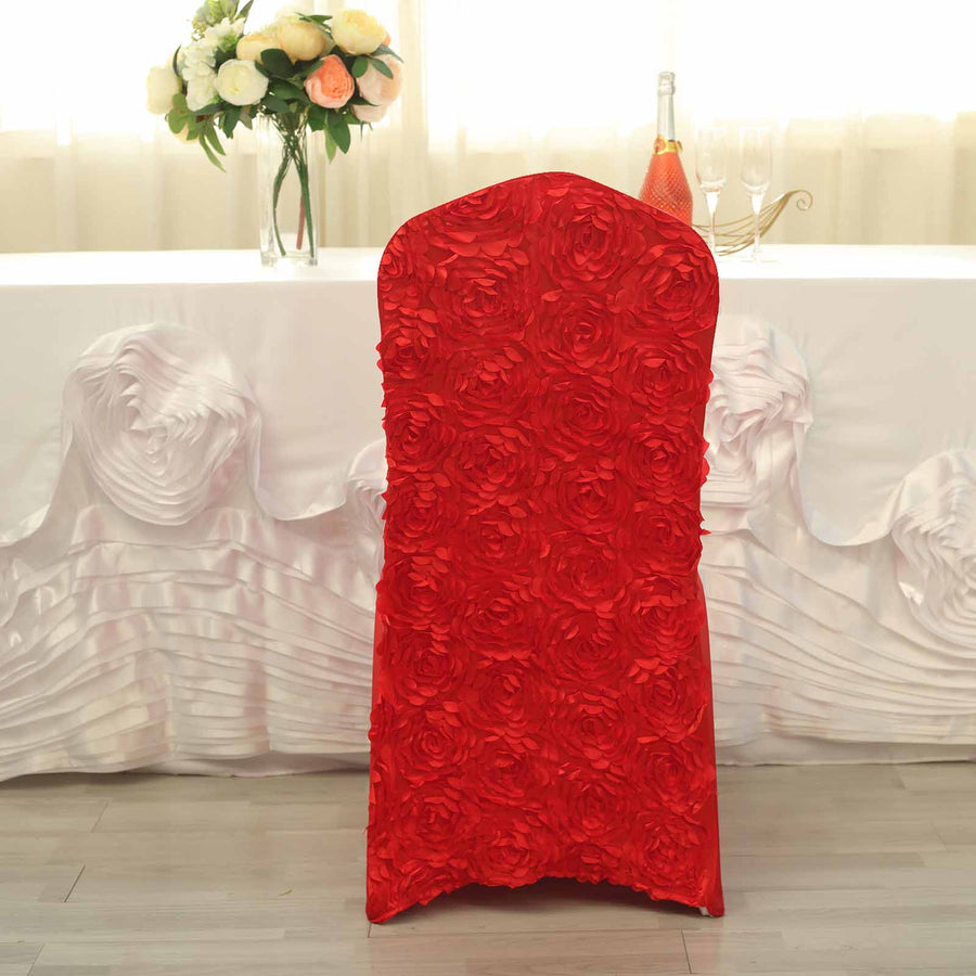 Red Satin Rosette Spandex Stretch Banquet Chair Cover, Fitted Chair Cover