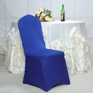Elevate Your Event with the Royal Blue Satin Rosette Spandex Stretch Banquet Chair Cover