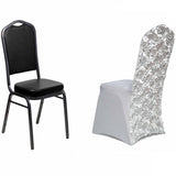 Silver Satin Rosette Spandex Stretch Banquet Chair Cover, Fitted Chair Cover