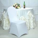 White Satin Rosette Spandex Stretch Banquet Chair Cover, Fitted Slip On Chair Cover