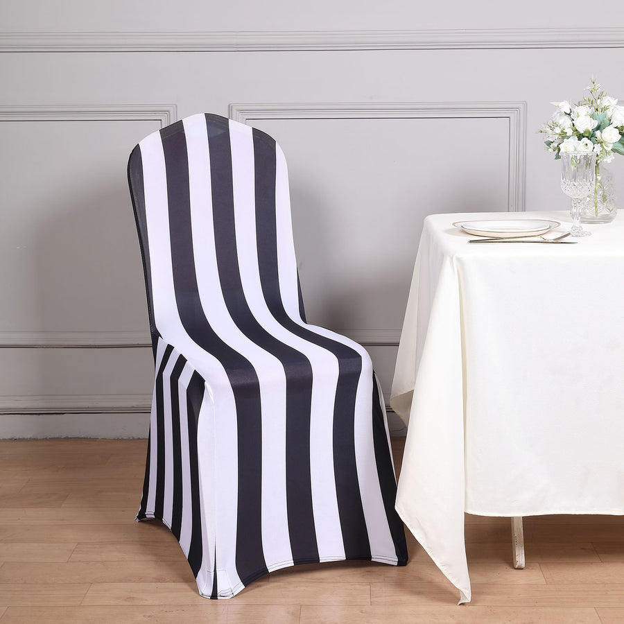 Black and White 2inch Striped Spandex Stretch Fitted Banquet Chair Cover