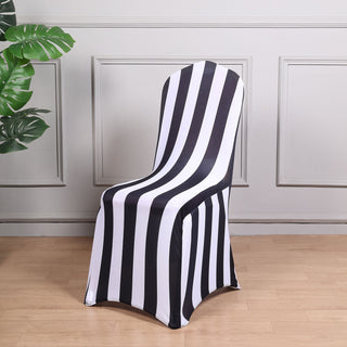 Black and White Striped Spandex Stretch Fitted Banquet Chair Cover