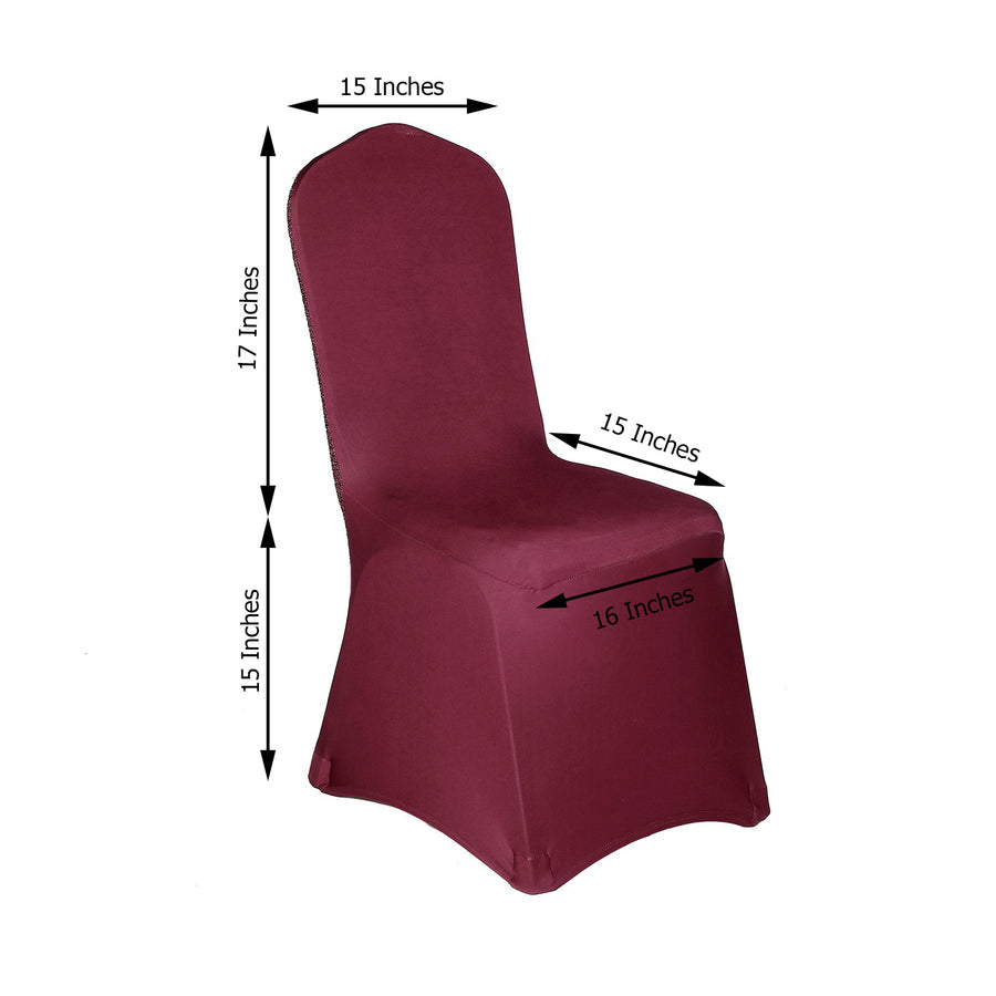Burgundy Spandex Stretch Banquet Chair Cover, Fitted with Metallic Shimmer Tinsel Back